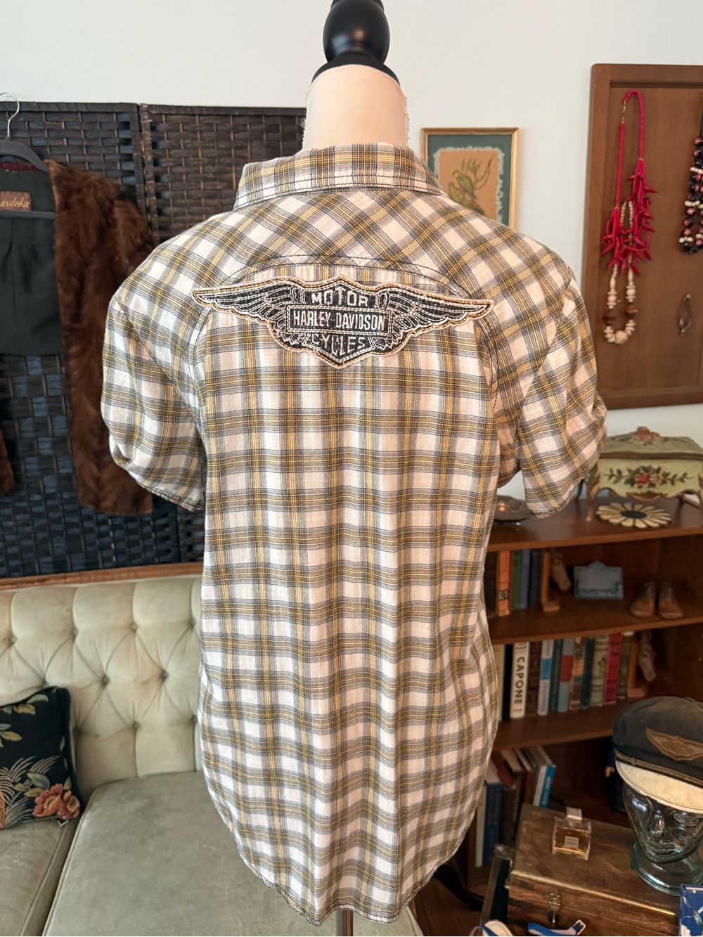 🏍️ Harley-Davidson Plaid Snap Button Women's Shirt Large Winged Back Logo Sz L - Picture 5 of 15